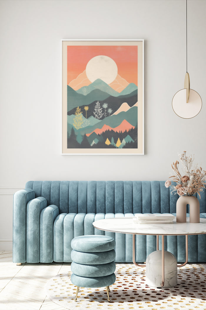 Abstract modern mountain sunset landscape poster framed on a wall above a blue velvet sofa in a stylish living room