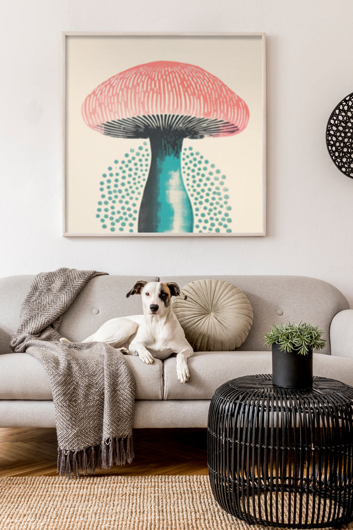 Modern abstract mushroom poster art framed on a wall in a stylish living room with a dog on the couch