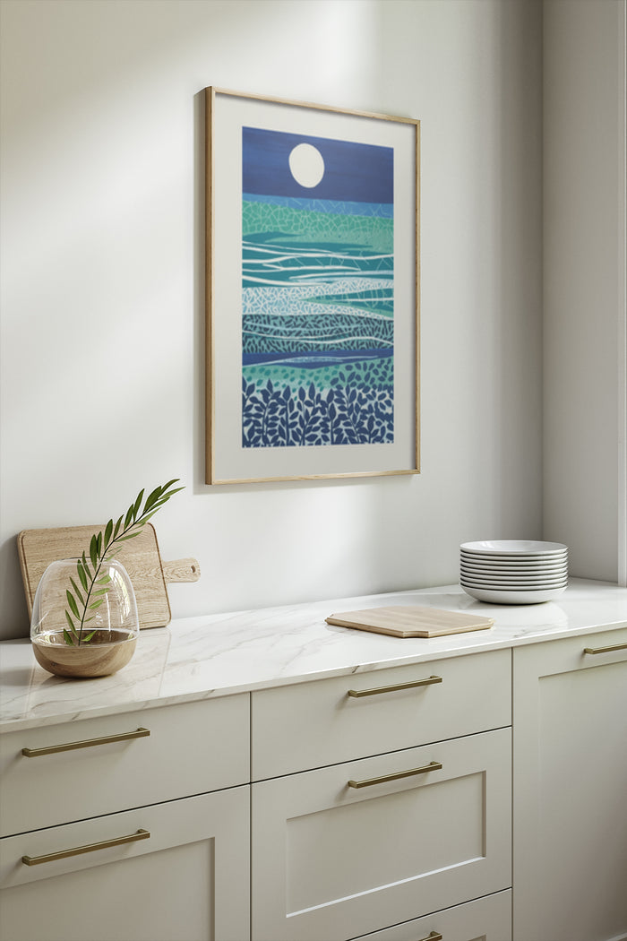 Modern abstract ocean landscape poster framed and displayed in a contemporary kitchen setting