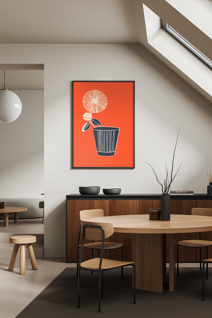 Modern abstract art poster with orange background and minimalistic plant design in stylish dining room setting
