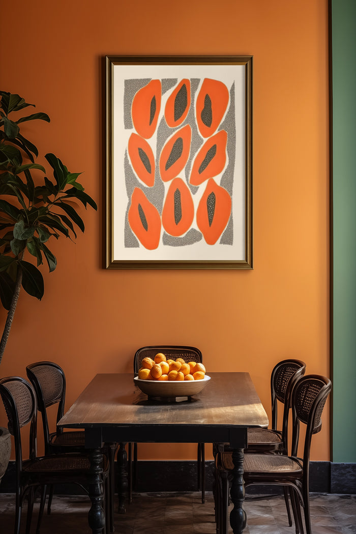 Contemporary abstract orange pattern poster framed on terracotta wall in stylish dining room setting with wooden table and chairs