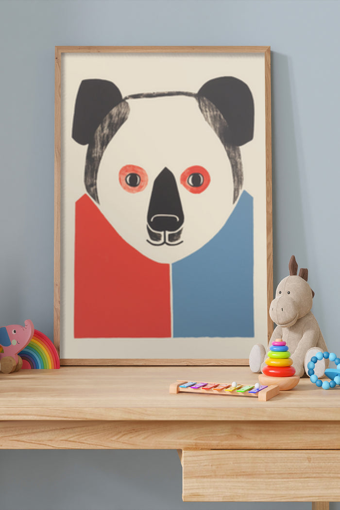 Abstract modern art panda poster with geometric shapes framed in a kids' playroom