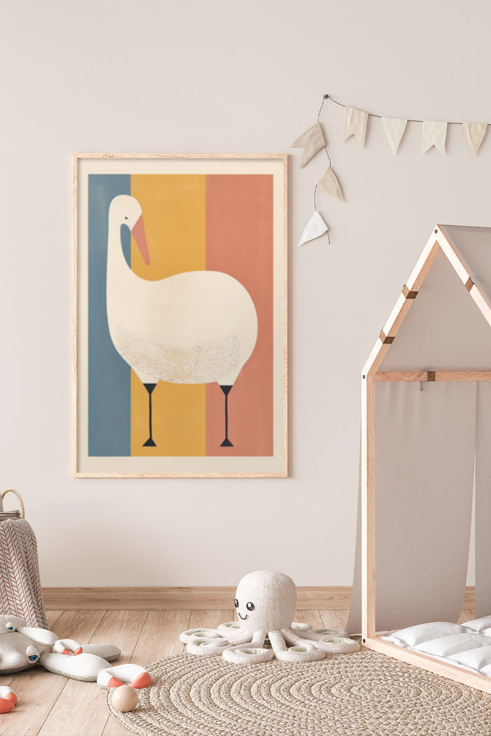 Modern abstract pelican artwork poster displayed in a nursery room with children's toys
