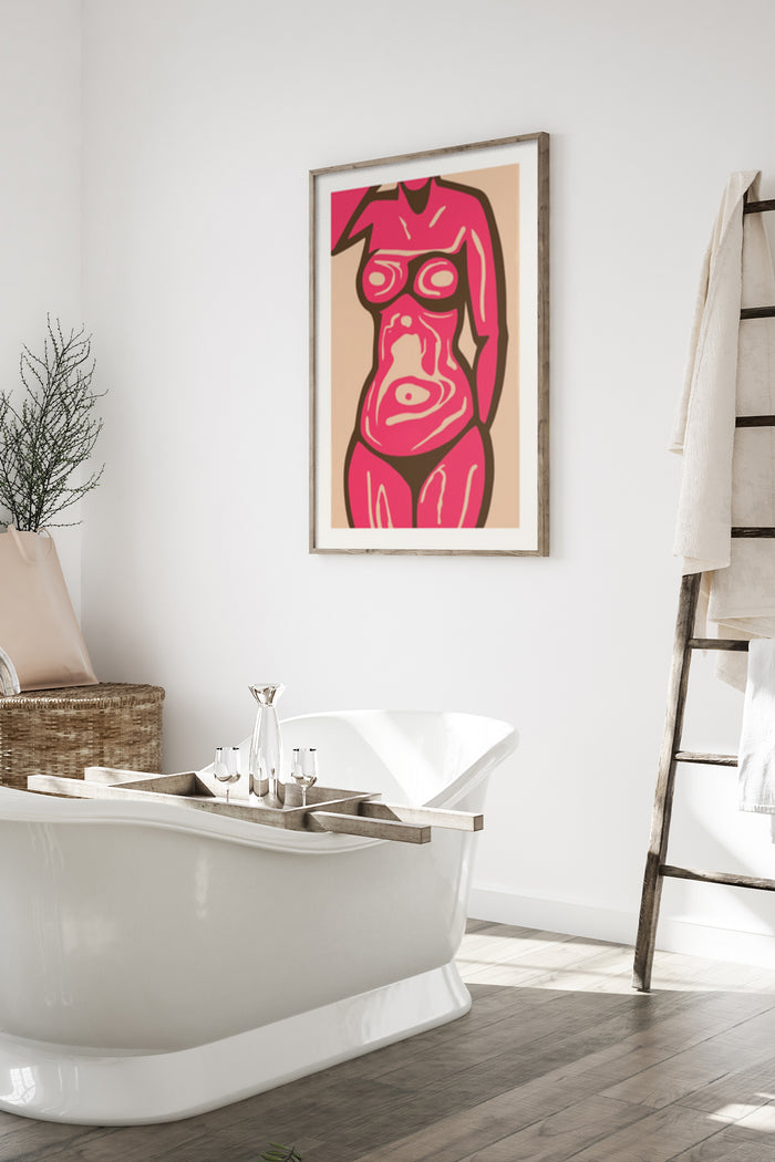 Contemporary Abstract Pink Human Figure Art Poster Displayed Above Bathtub in Modern Bathroom Interior
