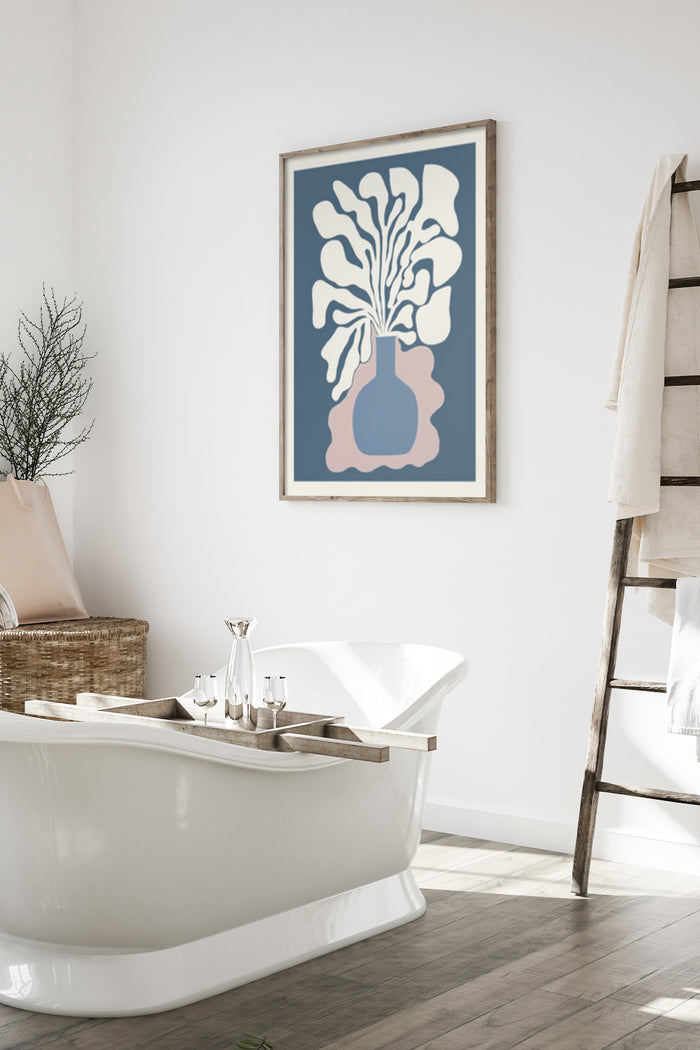 Stylish abstract plant poster framed on the bathroom wall, modern home decor