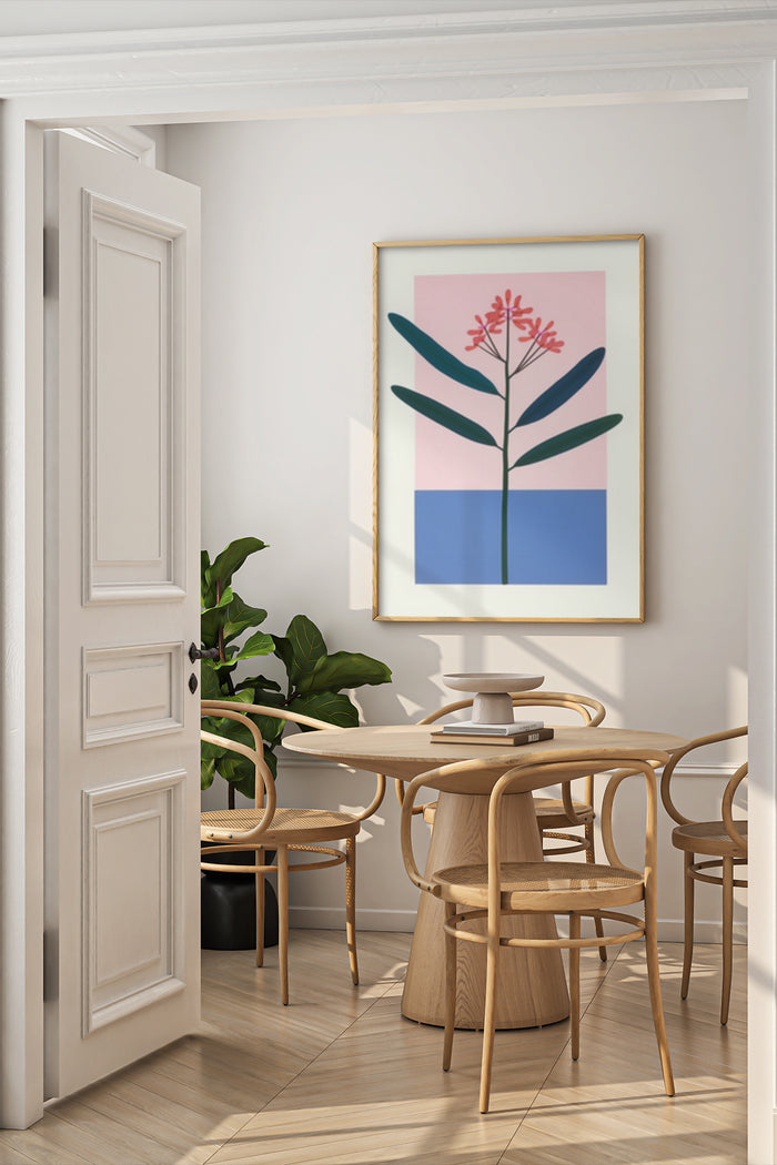 Contemporary abstract botanical poster framed on a wall in a minimalist dining room interior with wooden furniture