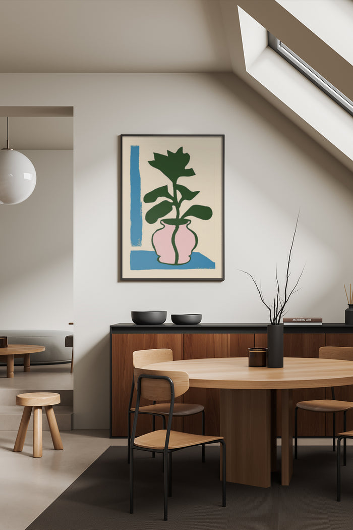 Modern abstract plant artwork in a minimalist dining room interior
