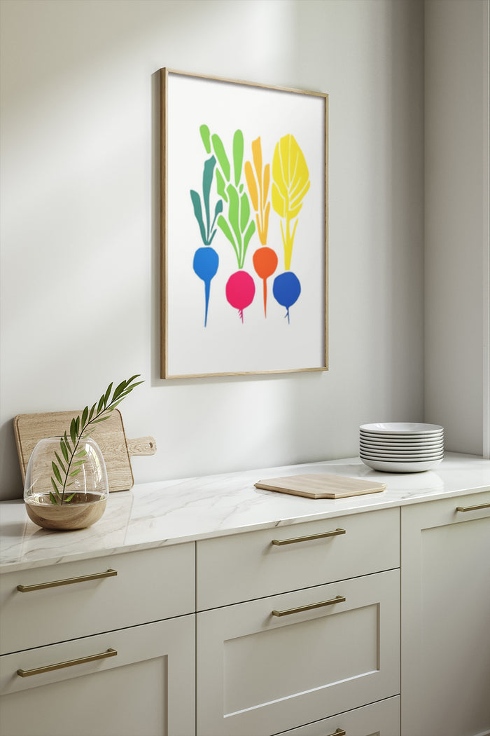 Colorful abstract botanical poster in modern kitchen setting