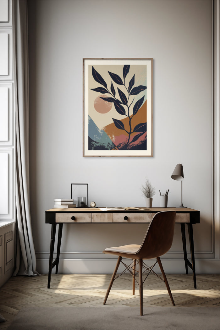 Stylish modern abstract plant artwork poster in a contemporary home office decor