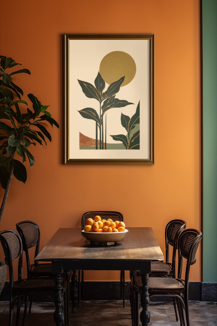 Modern abstract artwork of a plant with a golden circle in a stylish room with a dining table and chairs