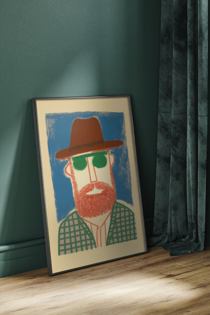 Abstract portrait artwork of a bearded man with a hat in poster frame against green wall