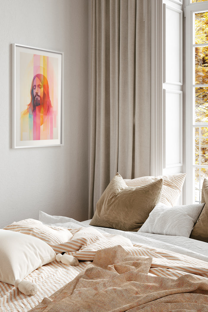 Colorful abstract portrait poster framed on a bedroom wall with stylish bedding