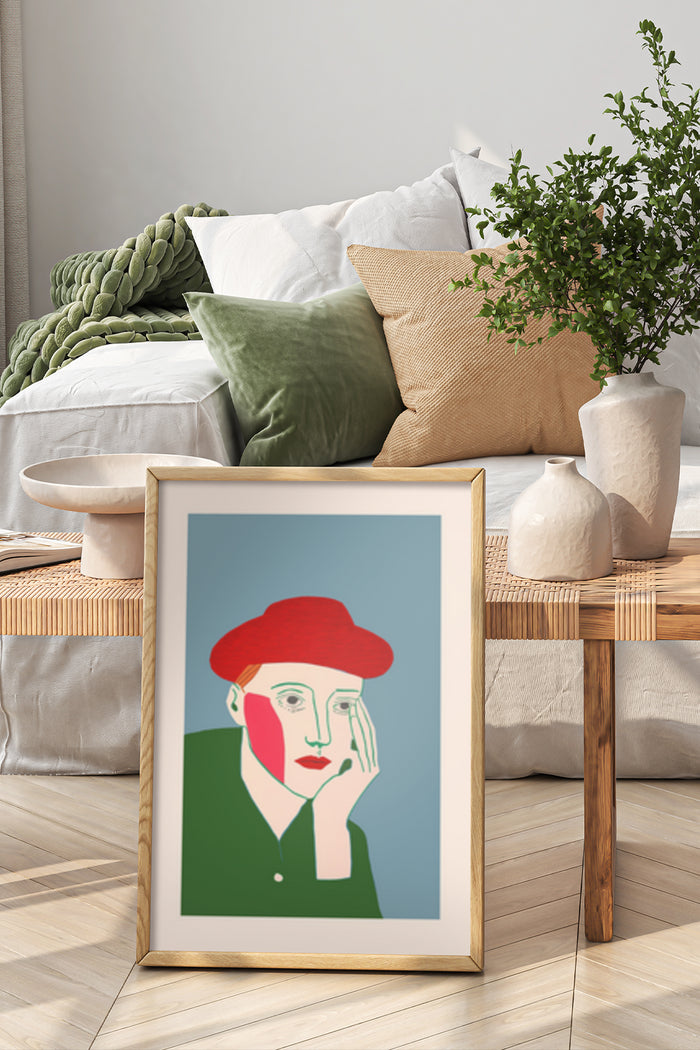 Abstract modern portrait art poster with red hat displayed in a cozy bedroom setting