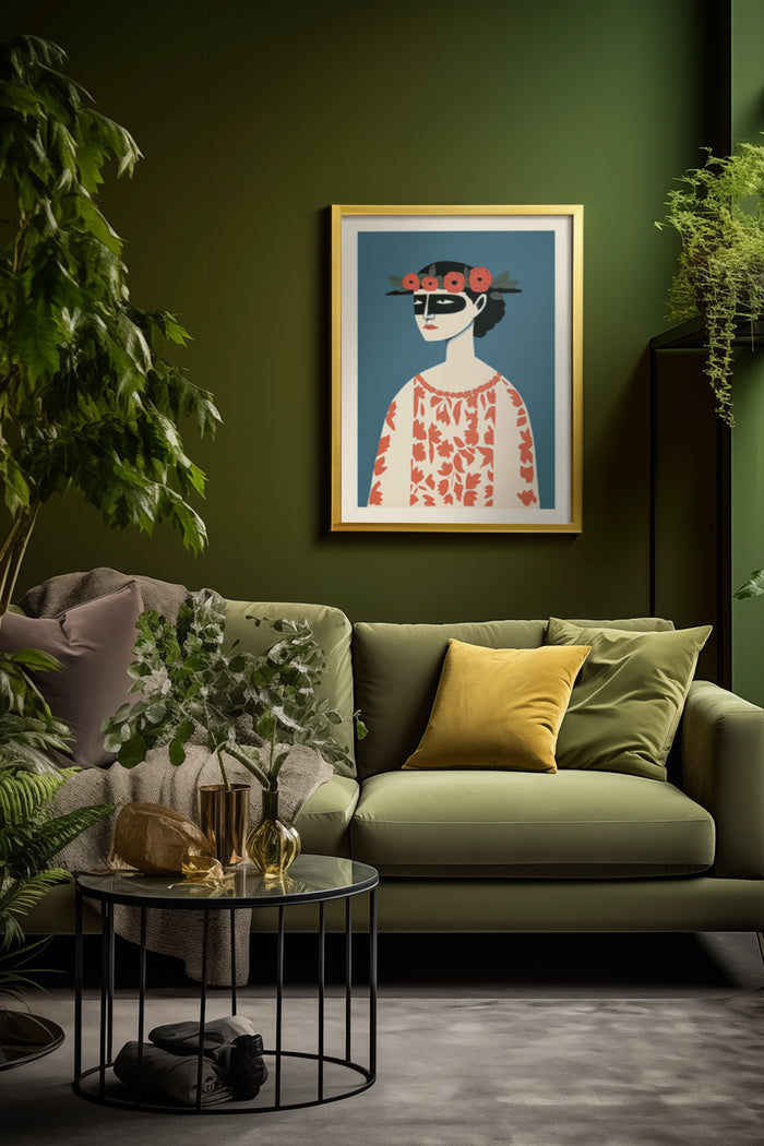 Stylish living room with green walls featuring a modern abstract portrait poster with floral patterns