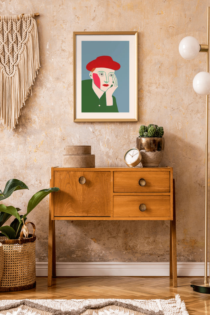 Modern abstract portrait with red hat in a stylish interior setting