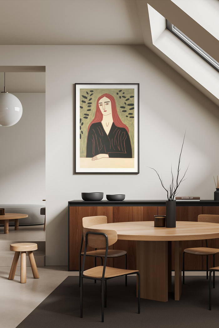 Minimalist portrait of a woman with red hair in a modern interior setting