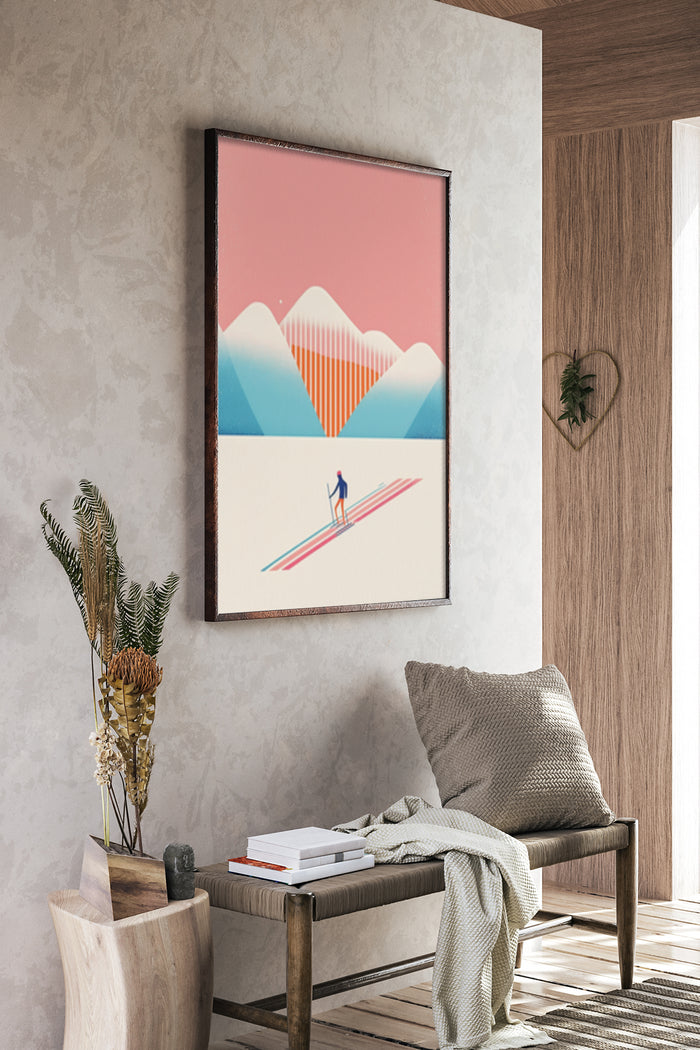 Modern abstract skiing poster with pastel mountains and skier illustration in a contemporary room