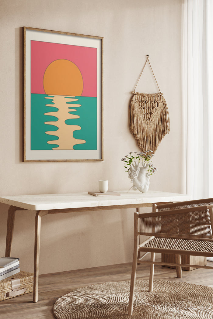Modern abstract sunset artwork framed on wall with boho decor and wooden furniture