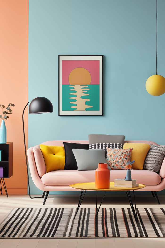 Colorful abstract sunset reflection art poster framed on blue wall above pink sofa in stylish living room interior