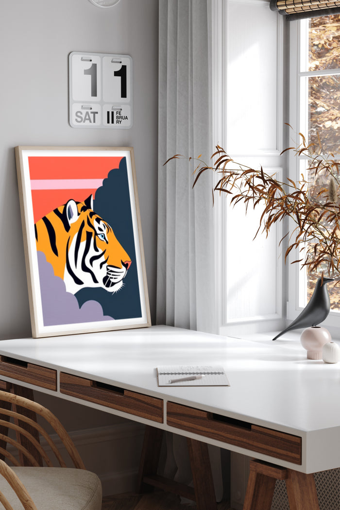 Stylish modern abstract tiger artwork on poster displayed in a contemporary home office setting