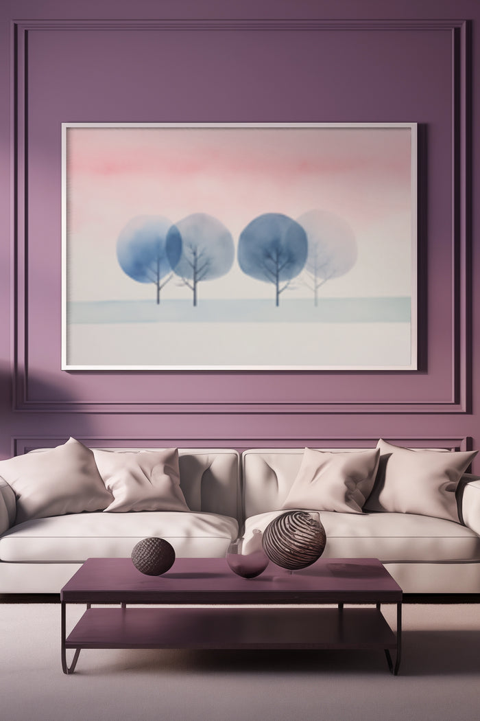 Abstract tree painting in soft pastel tones hung above sofa in a contemporary living room setting