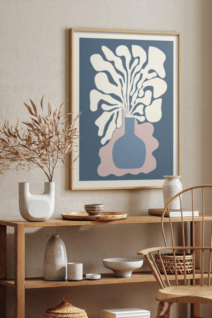 Contemporary abstract floral poster with a vase design in a stylized home interior