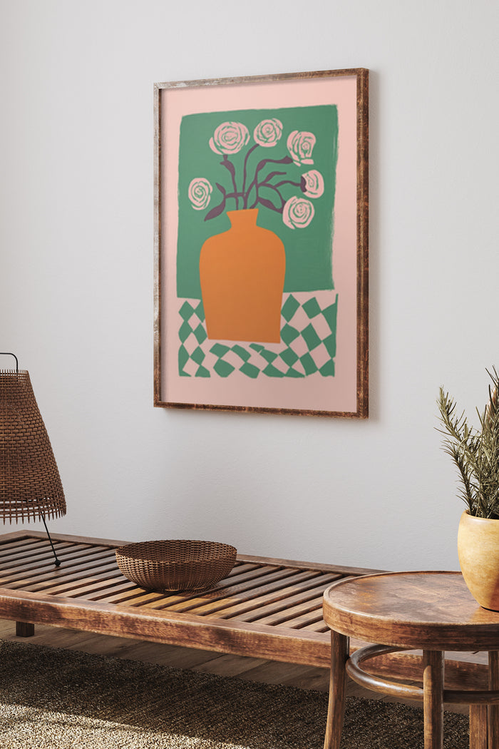 Contemporary abstract poster of a vase with roses in a modern interior