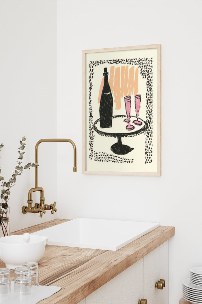 Modern abstract artwork featuring wine bottle and champagne glasses in a kitchen setting