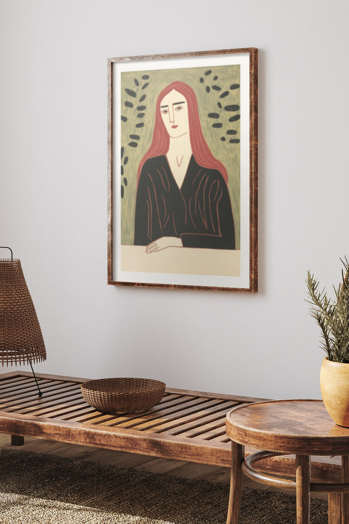Modern abstract art depicting a woman with red hair in a framed poster on a living room wall