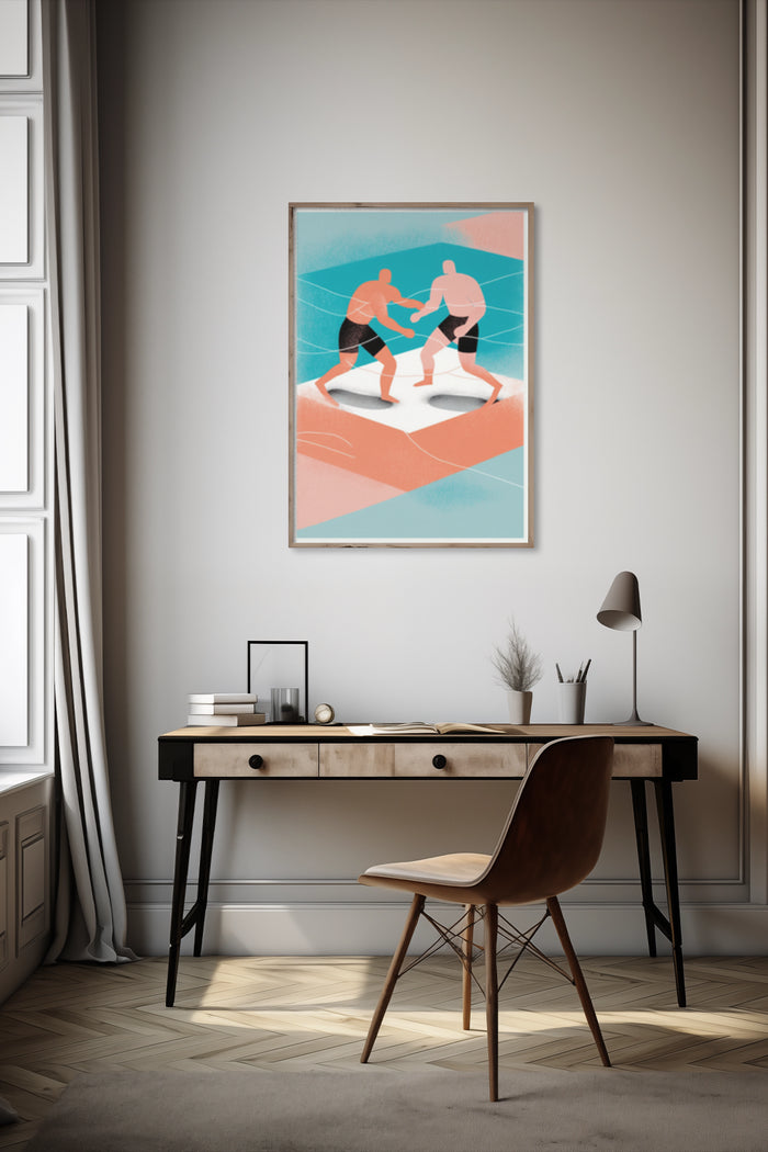 Stylized modern art poster of an abstract wrestling match displayed in a contemporary living room setting