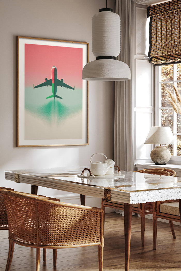 Contemporary airplane artwork in stylish interior setting above marble table