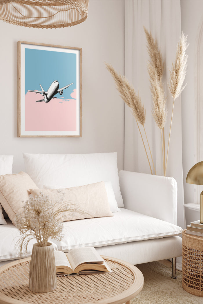 Sleek airplane illustration poster within a stylishly decorated living room setting