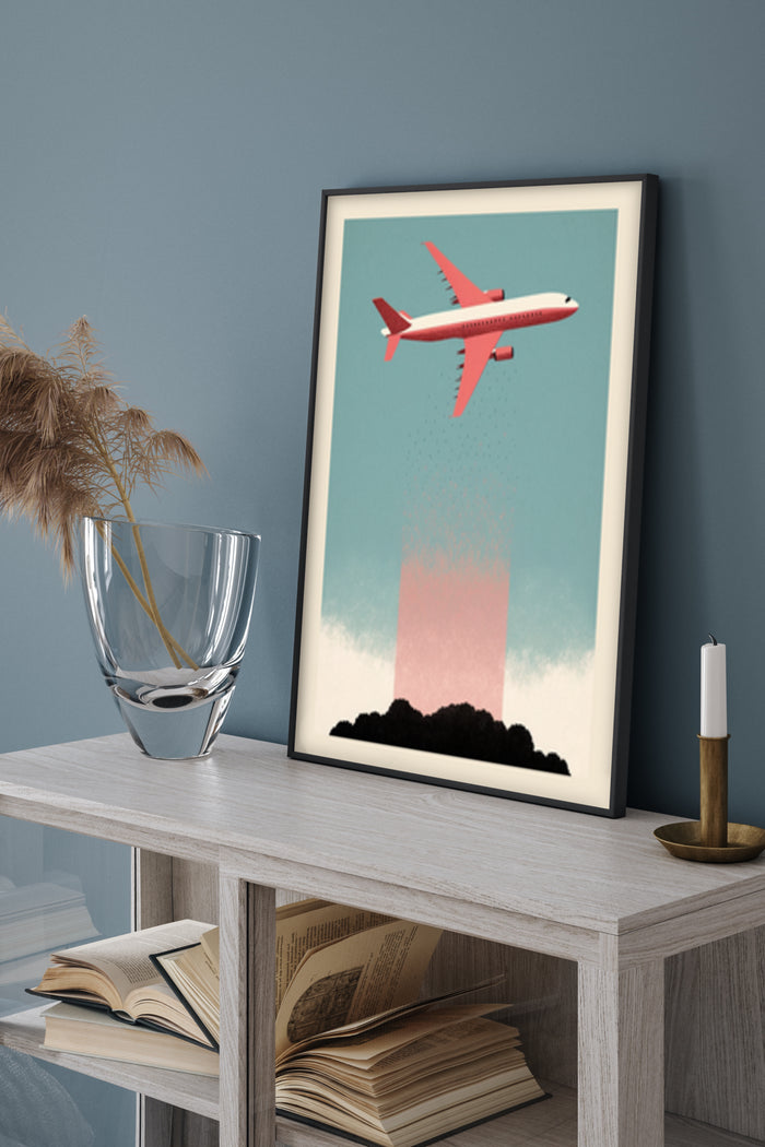 Modern minimalist artwork of a red airplane over abstract landscape, framed poster in a stylish interior setting