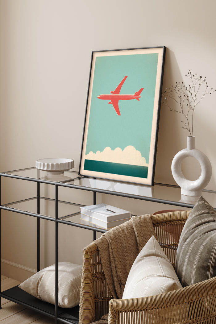 Modern airplane poster artwork in stylish interior decor setting