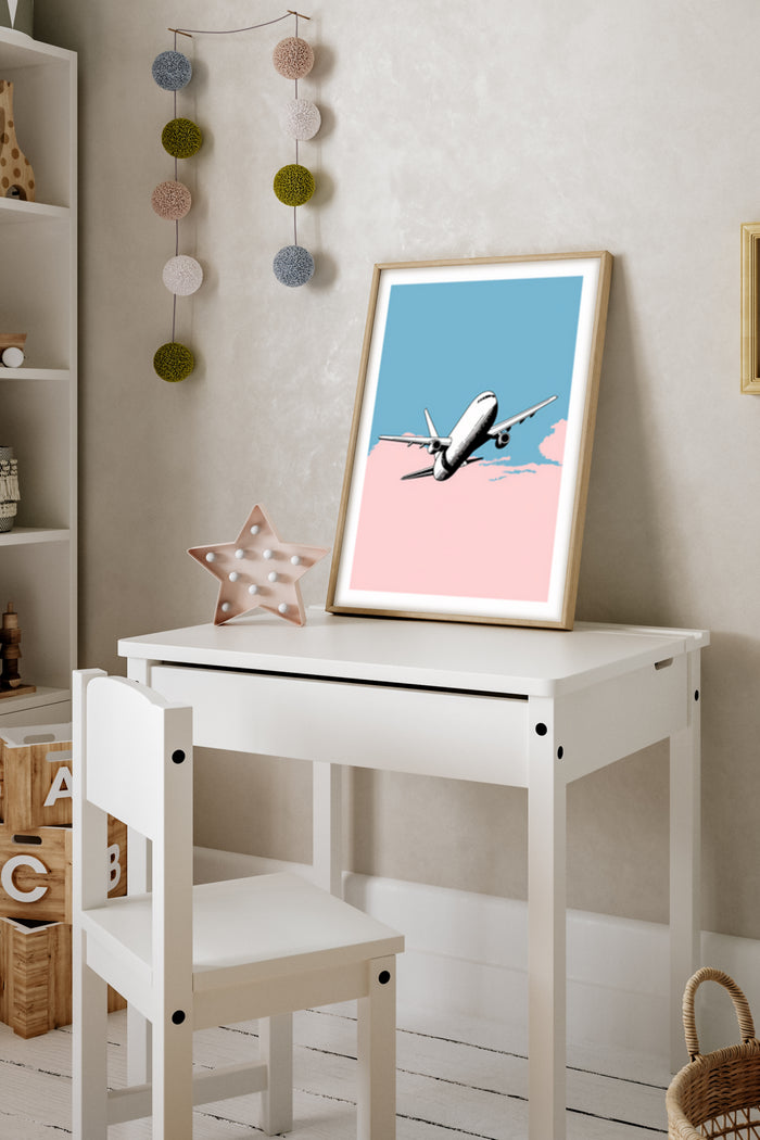 Modern airplane poster artwork displayed in a contemporary children's room setting