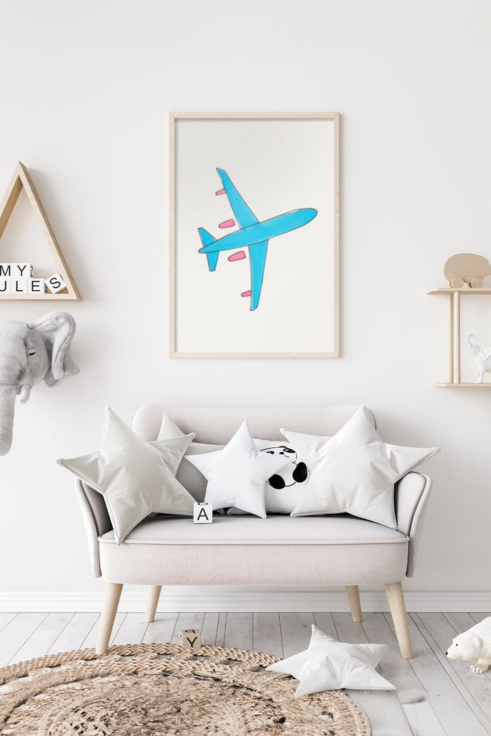 Contemporary blue airplane poster framed on a living room wall