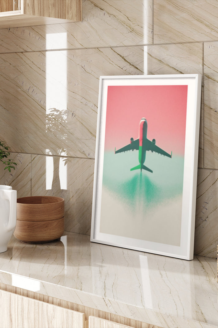 Stylish modern airplane poster in a frame, displayed in an elegant interior setting