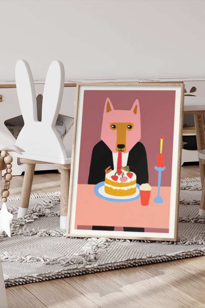 Modern minimalist art poster featuring an illustrated dog with a birthday cake and candle