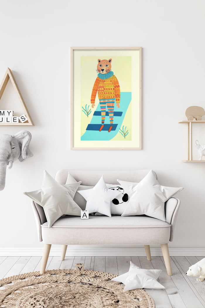 Colorful modern illustration of an anthropomorphic tiger in sweater and striped pants, ideal for children's room wall decor