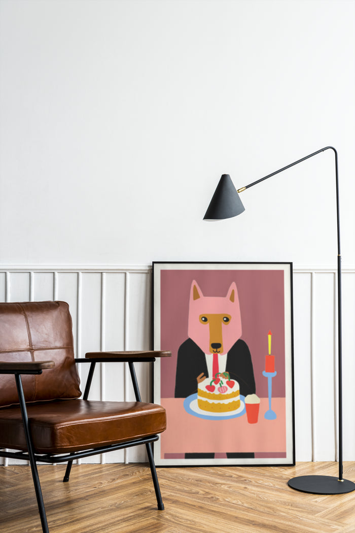 Contemporary anthropomorphic dog in suit with birthday cake art poster displayed in a stylish room