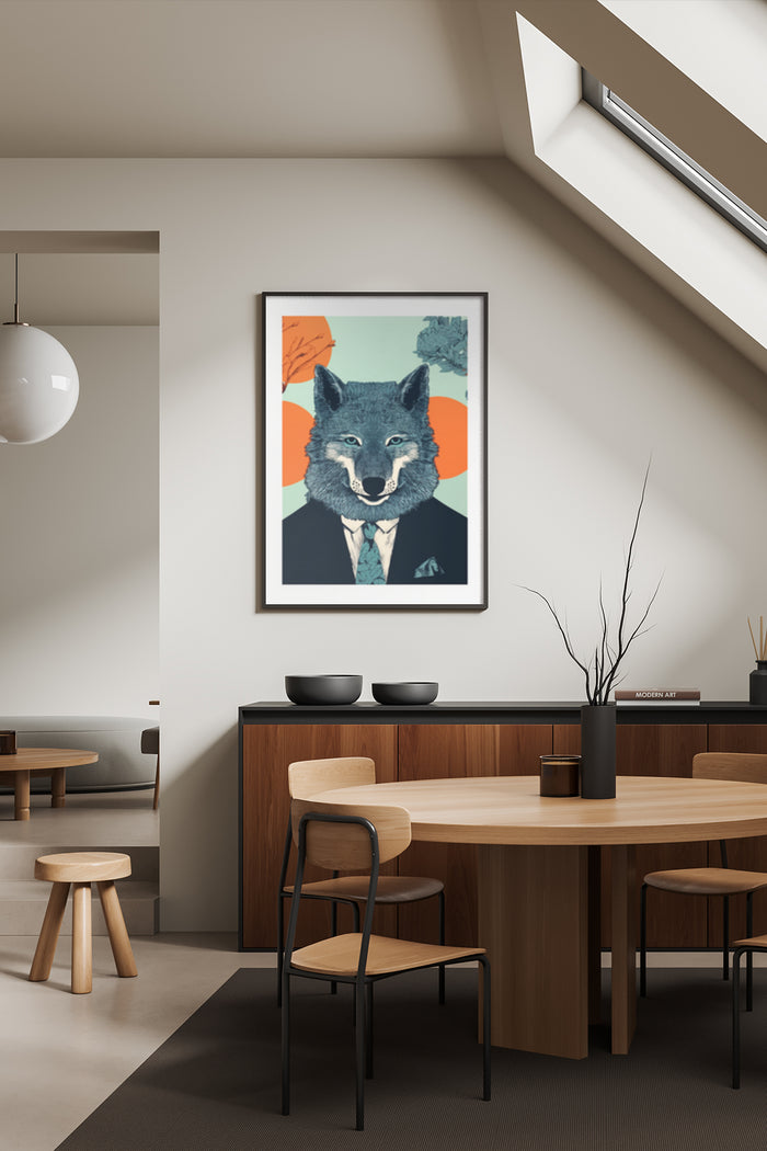 Contemporary anthropomorphic wolf in suit poster displayed in a stylish dining room setting