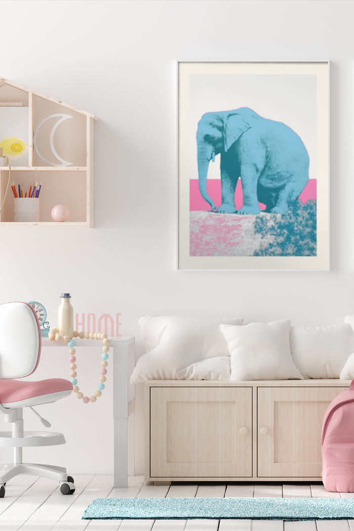 Contemporary blue elephant poster art displayed in a cozy minimalist interior