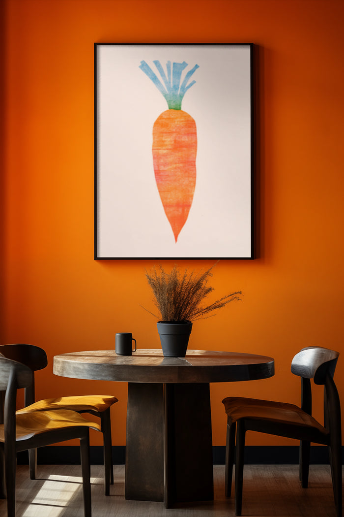 Modern art watercolor carrot poster in a stylish dining room with orange decor accents
