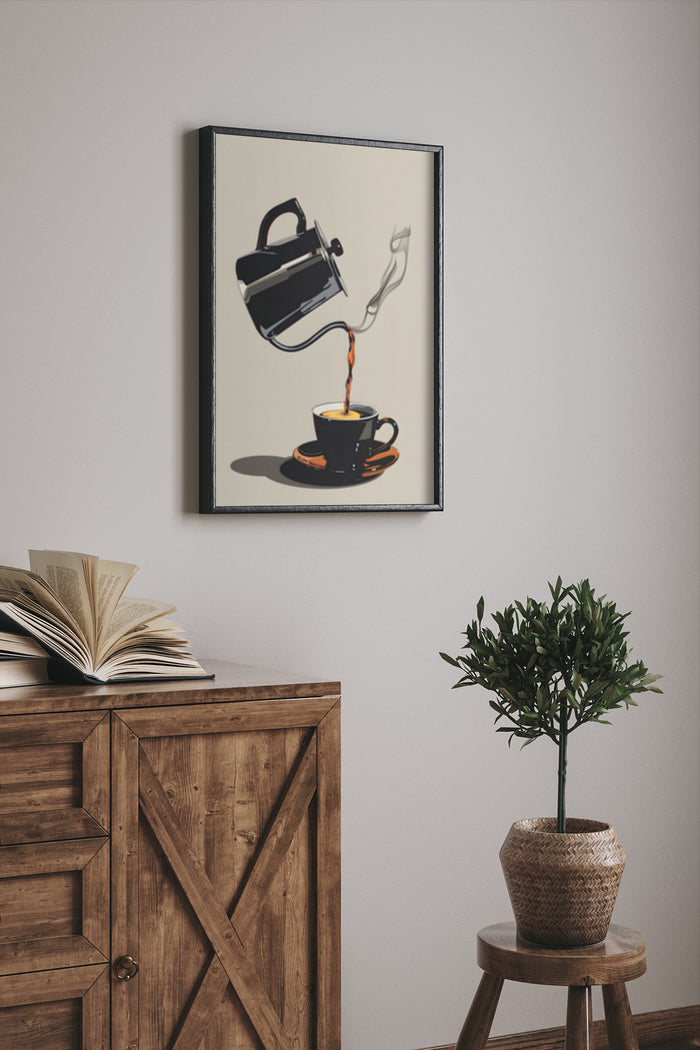 Modern Art Poster with Abstract Design of Coffee Pouring into Cup