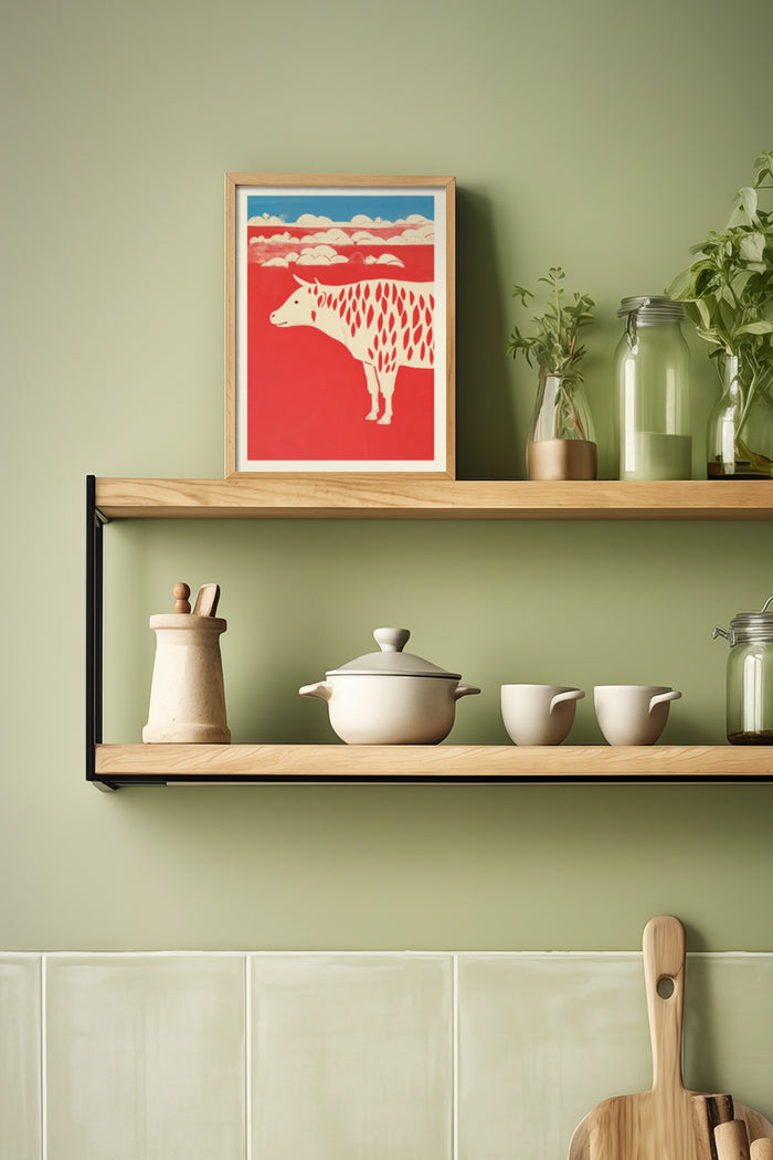 Stylized red and blue cow poster framed on kitchen shelf with decorative items