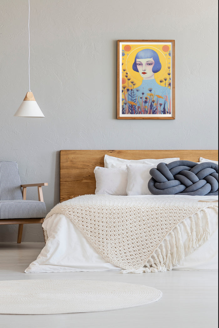 Contemporary Art Deco style poster featuring a female portrait hanging above a cozy bed with decorative pillows in a modern bedroom setting