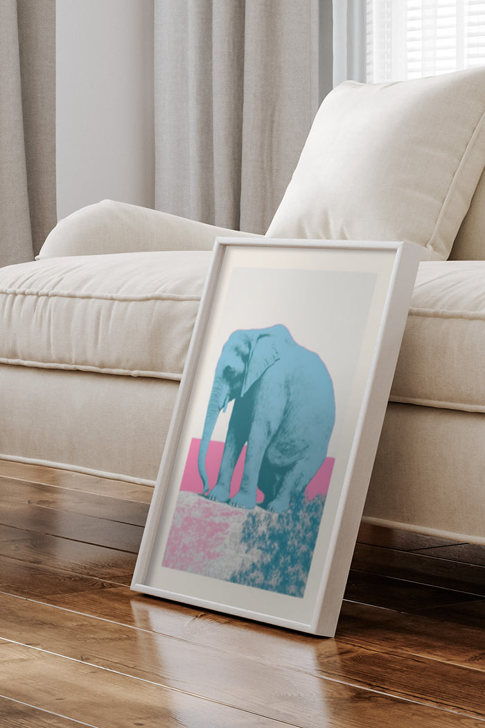 Contemporary blue and pink elephant artwork poster framed in a modern living room