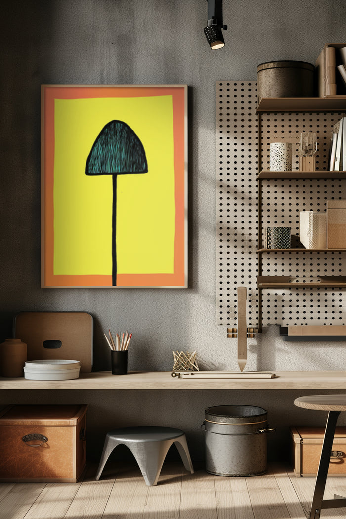 Contemporary mushroom lamp art poster displayed in a stylish home office environment