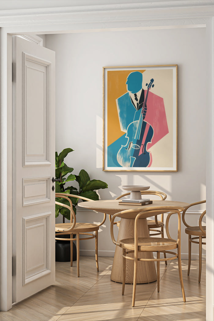 Stylized artwork of a musician with a guitar in a modern home interior