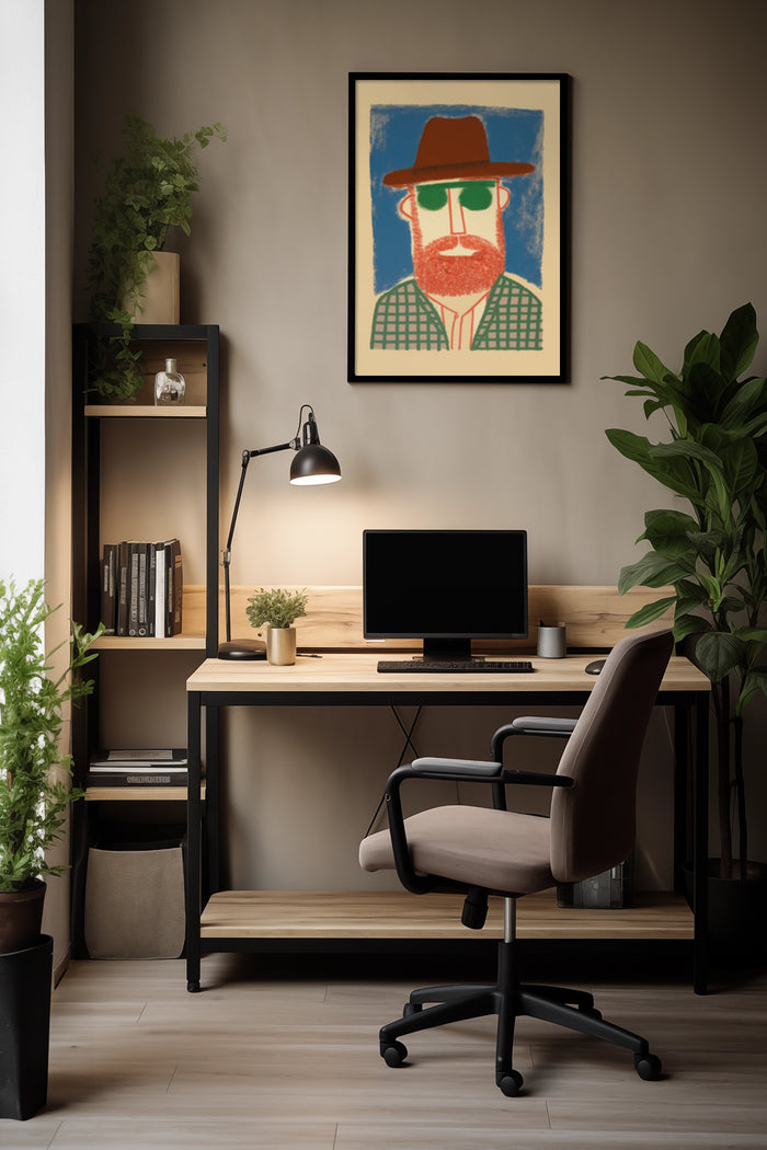 Stylish home office with modern art portrait of a man with a hat displayed on the wall